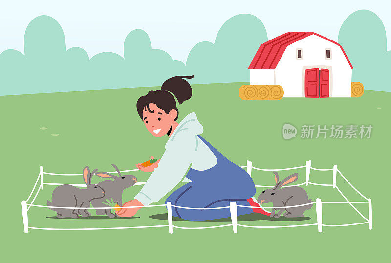 Happy Kid Character Playing or Feeding Cute Little Rabbits in Farm or Zoo Park. Happy Kid Character Playing or Feeding Cute Little Rabbits in Farm or Zoo Park。照料动物的女孩，牧场远足